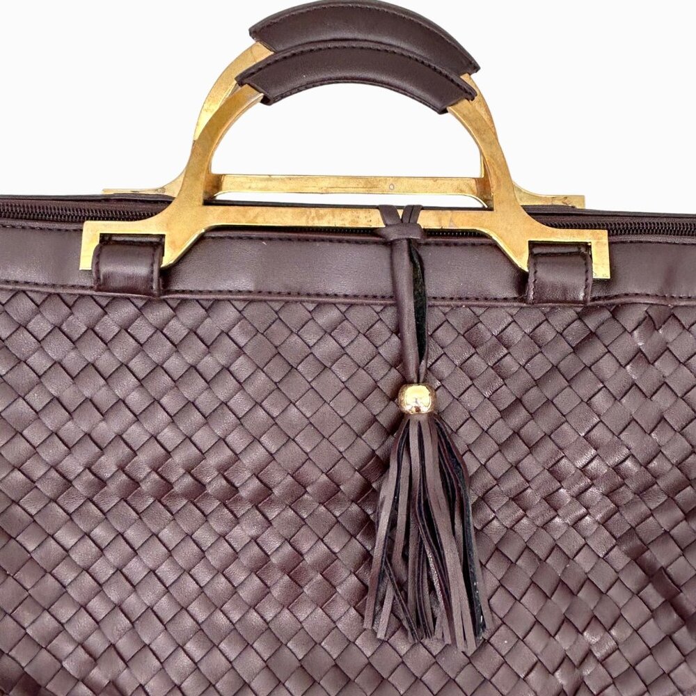 NWOT JOY MANGANO BROWN WOVEN LARGE PURSE BAG TOTE W/ TASSEL - Picture 4 of 14
